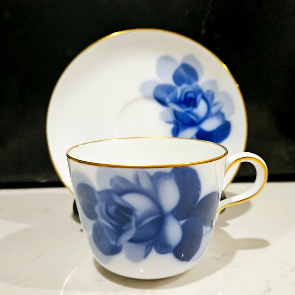 Okura Vintage Blue Rose Coffee/Tea Cup and Saucer Made in Japan